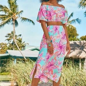 Lilly Pulitzer Aqua Pink and Orange Floral SET skirt off the shoulder Top Small